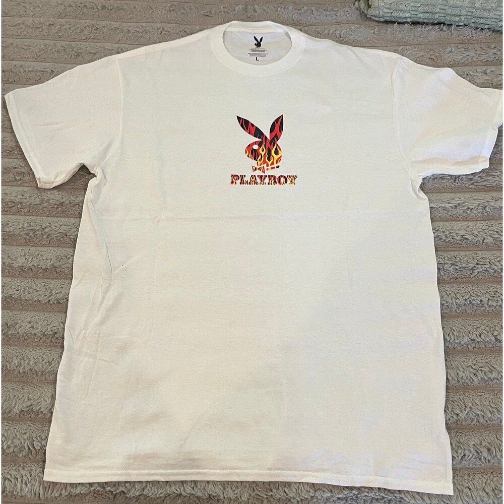 Playboy Flame Bunny Logo Graphic T-Shirt White Men’s Large NWOT